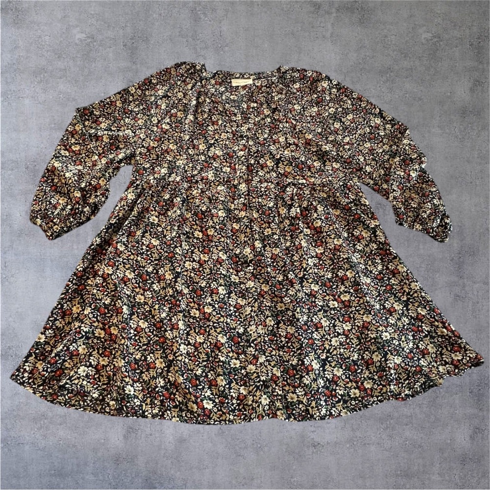 Melloday Mini Dress/Tunic Women L Blue Floral Long Sleeve Babydoll V-Neck